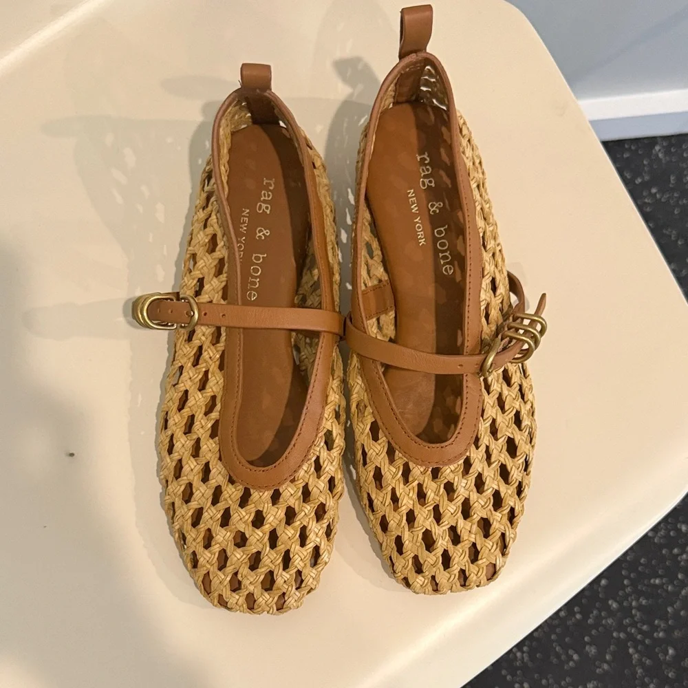 rag & bone Woven Raffia Flats with Tan Leather Trim - Picture 4 of 4